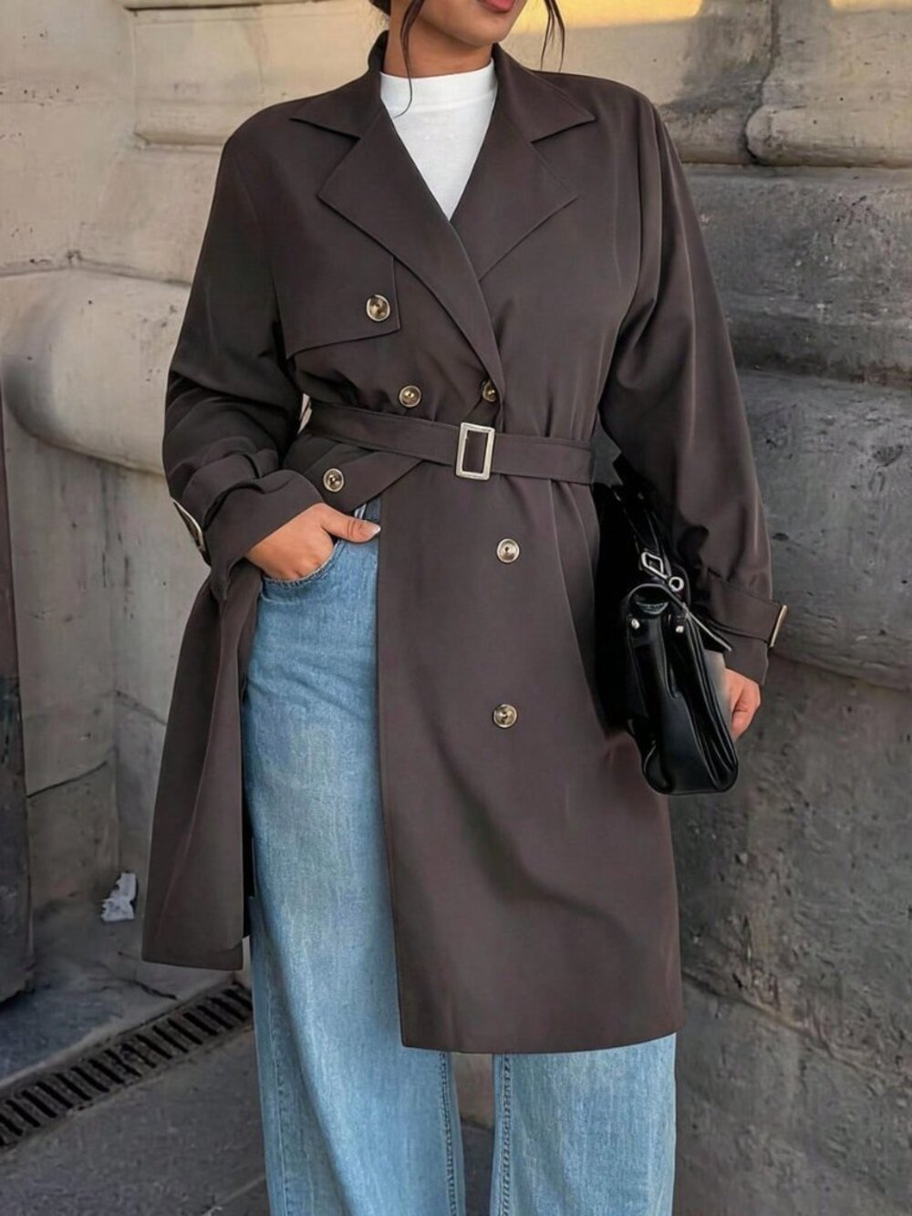 Coffee Brown Casual Women's Plus Size Trench Coat Jacket